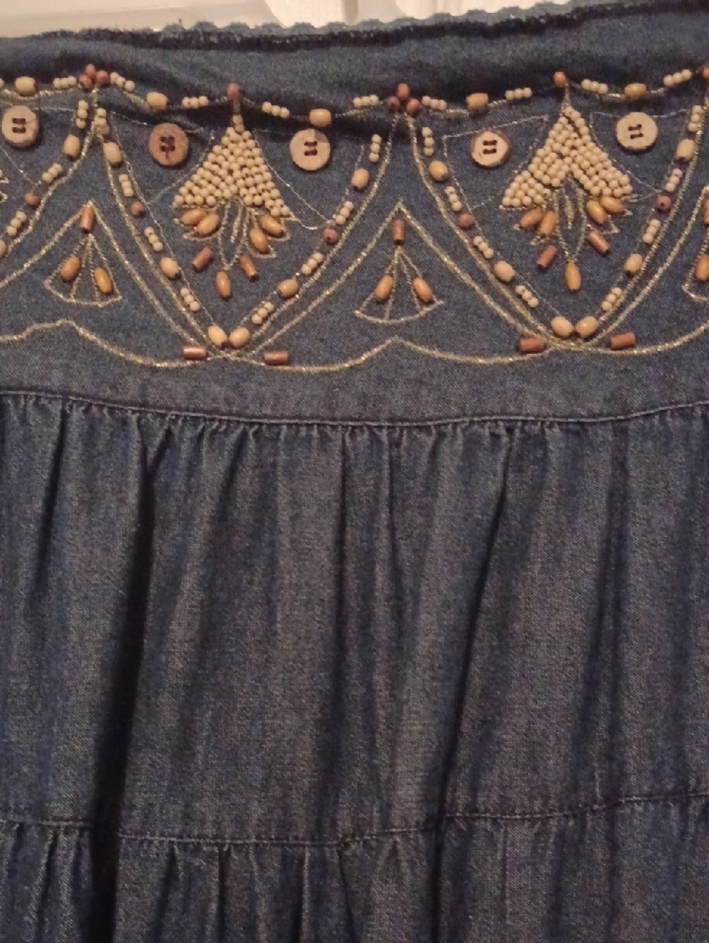 << Freestyle Blue Tiered Maxi Skirt with Embroidered Waistband Women's Size M - Picture 3 of 8
